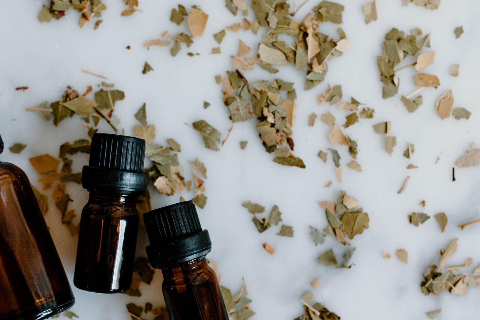 Essential oils and dried herbs arranged for a natural wellness concept