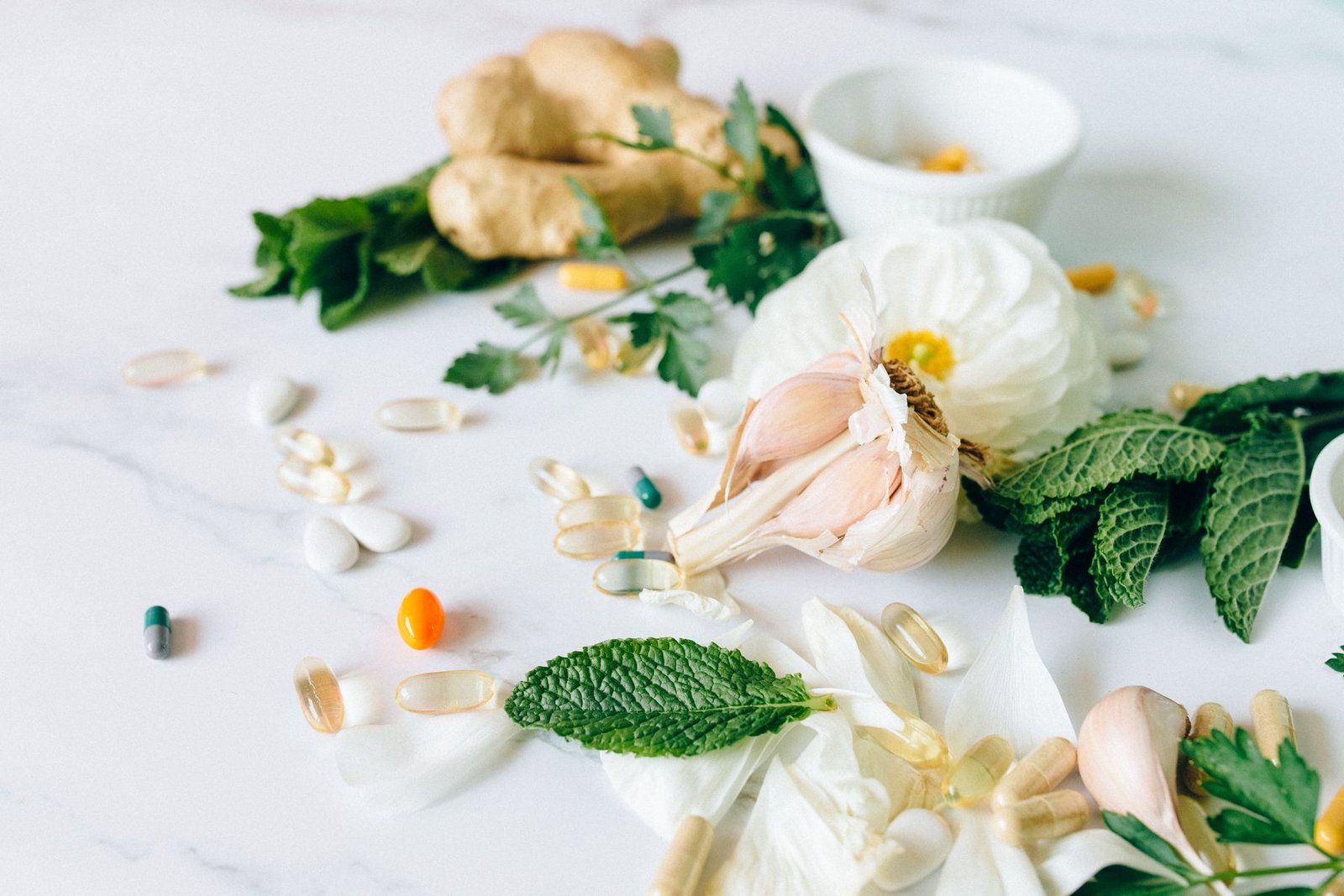 Natural herbal remedies, supplements and fresh botanical ingredients arranged for a wellness concept
