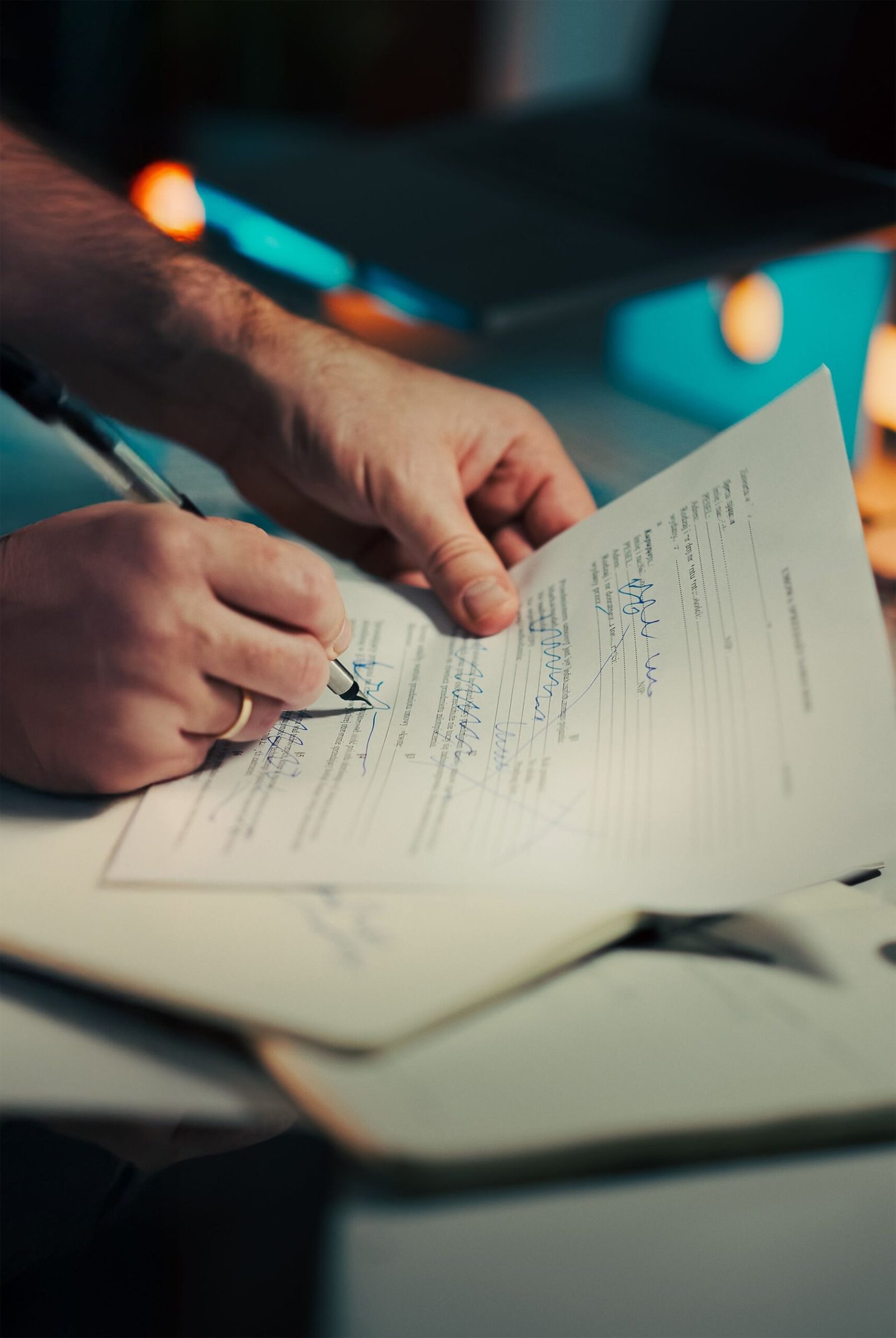 Close-up of professionals signing a business contract in an office setting