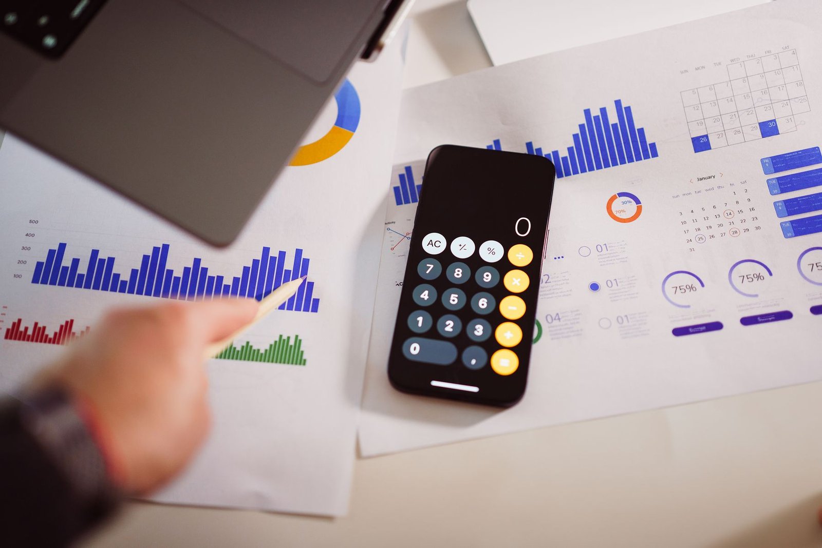 Business planning workspace with analytics, documents and connected digital devices