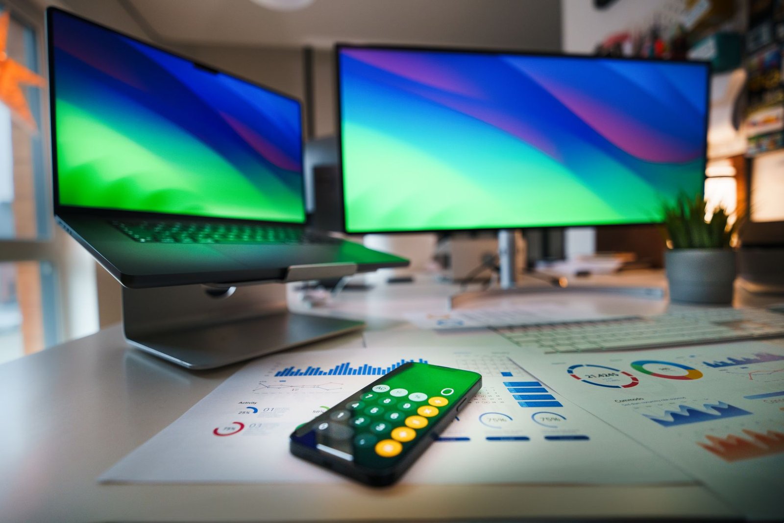 Connected smartphone, laptop and monitor workspace with business graphs